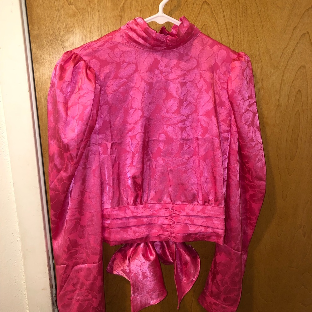 Nasty Gal Floral Hot Pink High Neck Open Blouse
